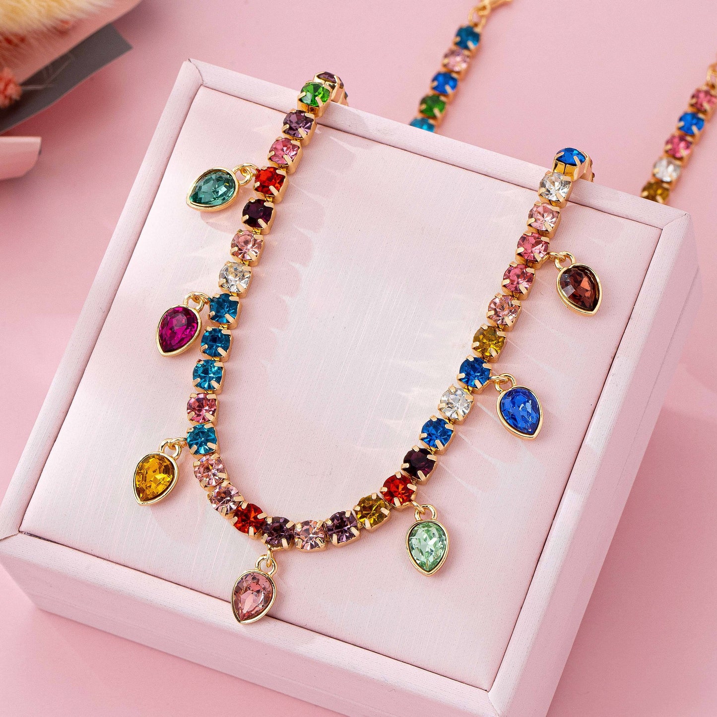 Glass Crystal Drop Tennis Necklace