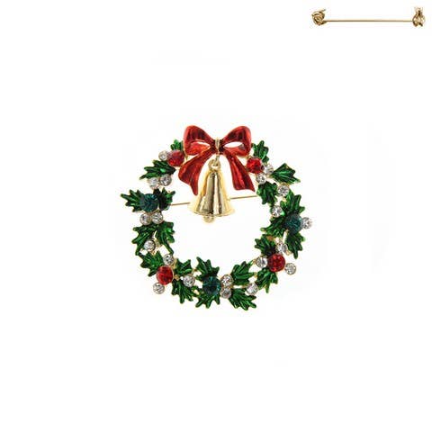 Christmas Wreath With Bell Reindeer Brooch Pin