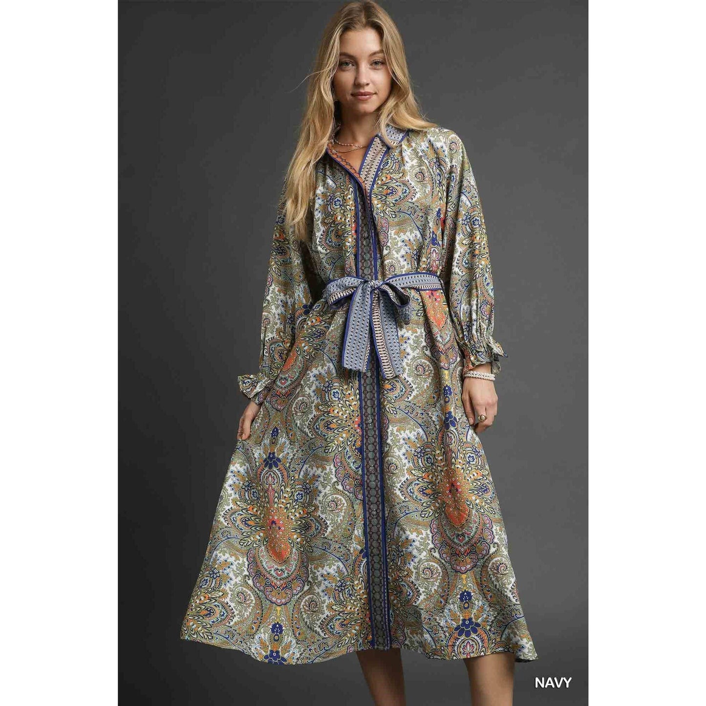Print Belted Midi Shirt Dress