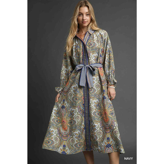 Print Belted Midi Shirt Dress