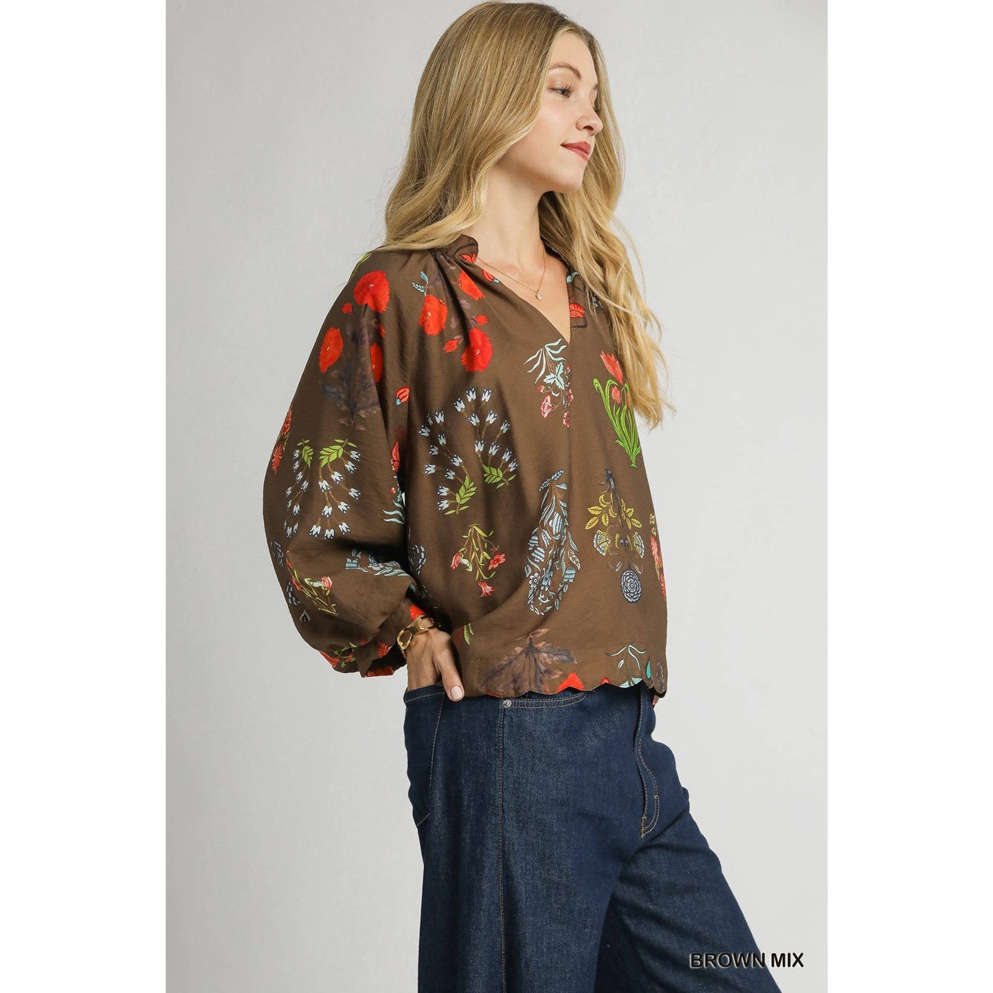 Brown Floral Print Blouse
