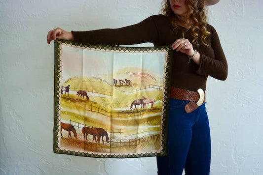 Tirzah Lane Art - Grazing Pasture Western Cowgirl Horses Silk Wild Rag Scarf