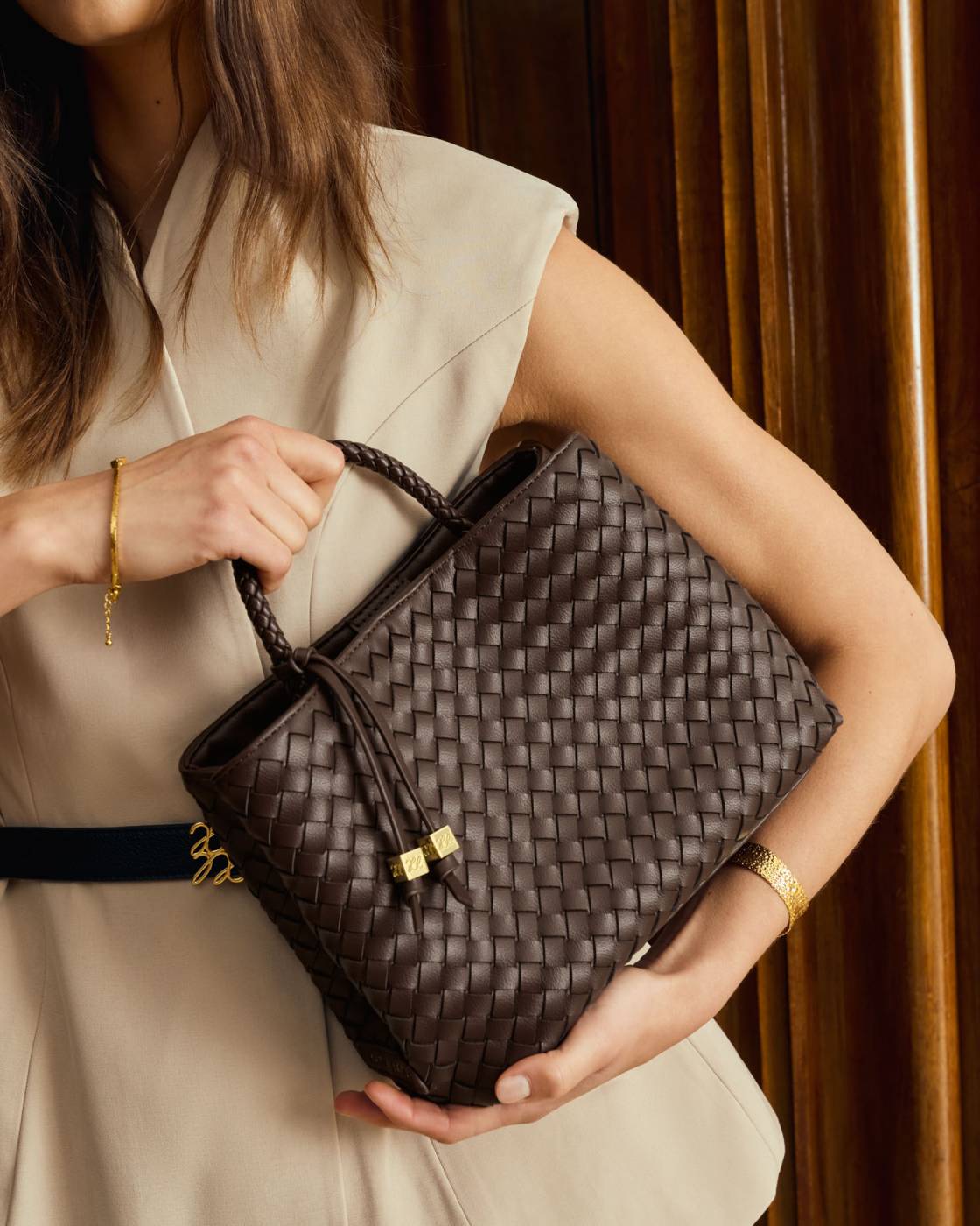 Nova Hand Woven Top Handle Bag - Chocolate