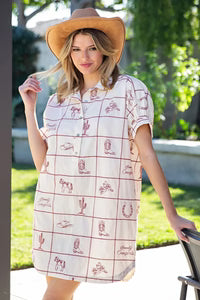 Western Inspired Mini Shirt Dress - Cream/Cherry