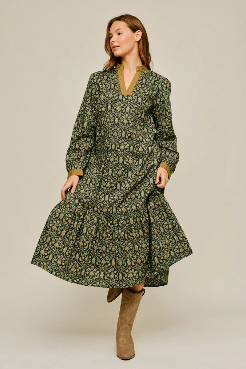 Baroque Floral Print Midi Dress -Hunter Green