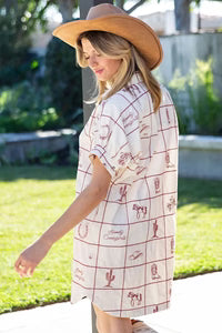 Western Inspired Mini Shirt Dress - Cream/Cherry