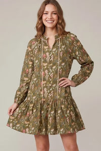 Long Sleeve Button Down Floral Dress - Olive