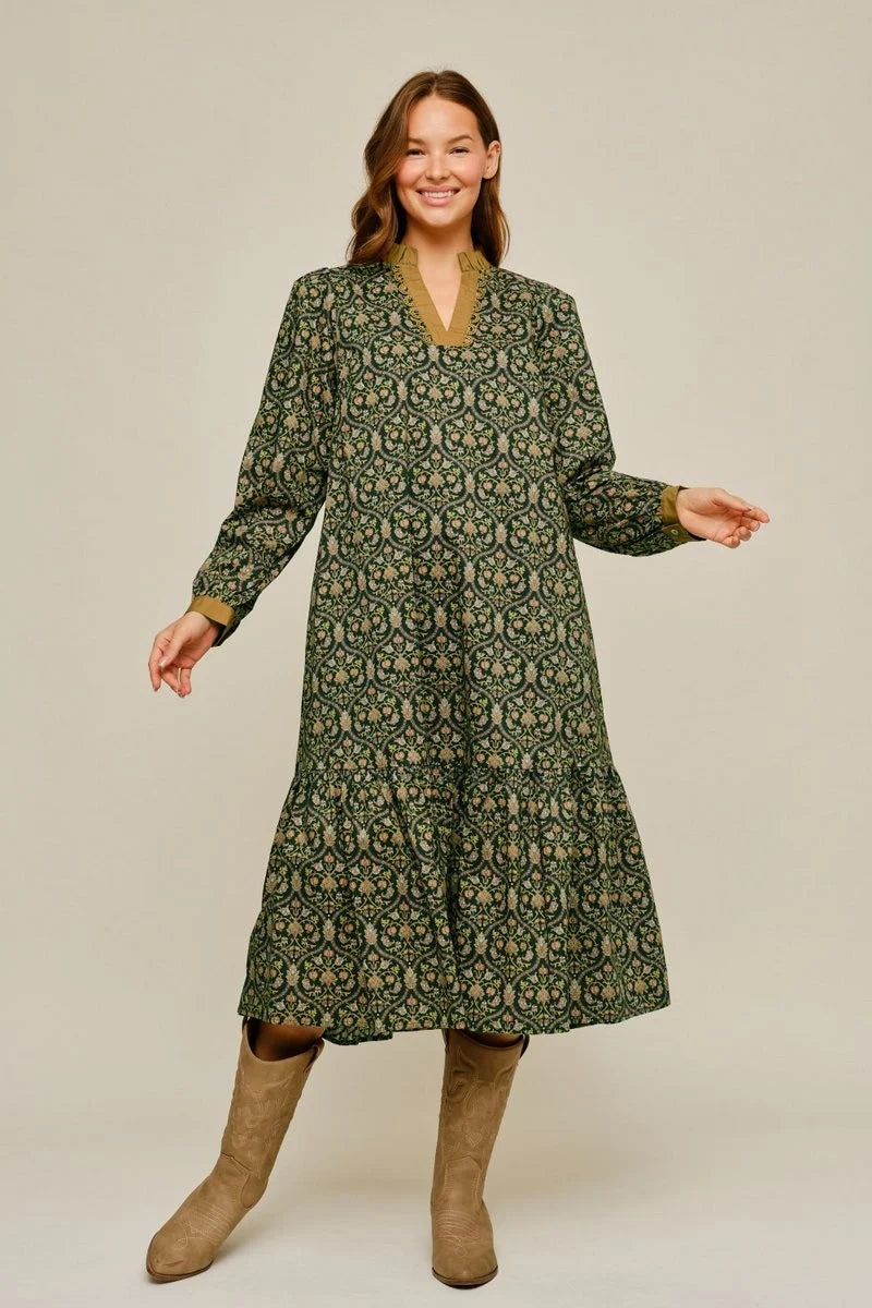 Baroque Floral Print Midi Dress -Hunter Green