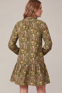 Long Sleeve Button Down Floral Dress - Olive
