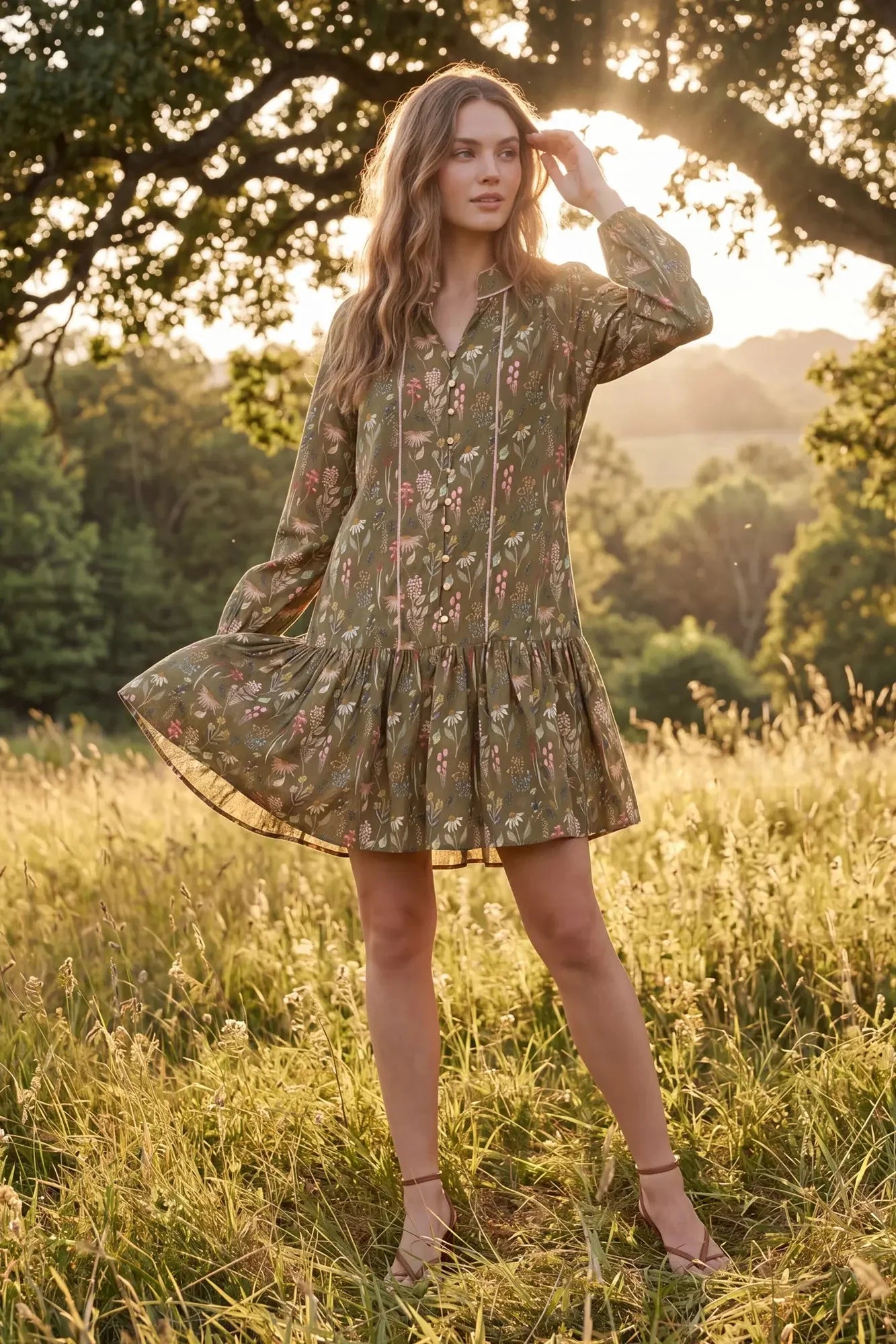 Long Sleeve Button Down Floral Dress - Olive