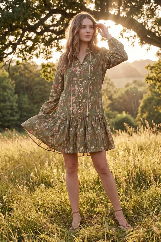 Long Sleeve Button Down Floral Dress - Olive