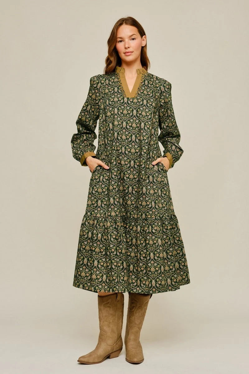 Baroque Floral Print Midi Dress -Hunter Green