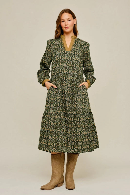 Baroque Floral Print Midi Dress -Hunter Green