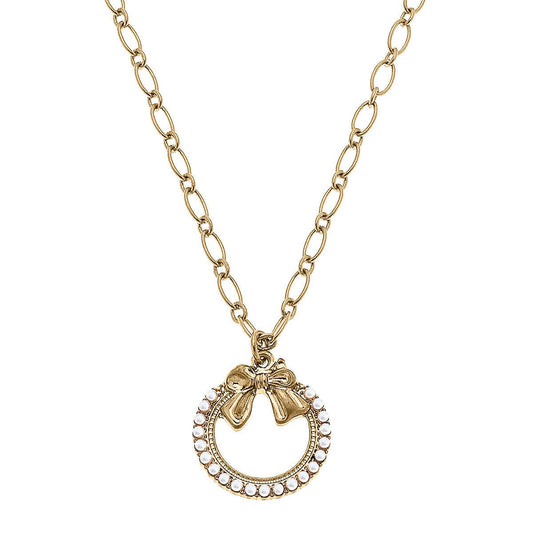 Rowen Pearl Bow Wreath Pendant Necklace in Worn Gold