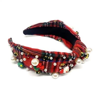 Red/Green Plaid with Pearls and Santas Fabric Headband