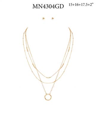 Gold Thin Chain Triple Layered with Open Circle Necklace