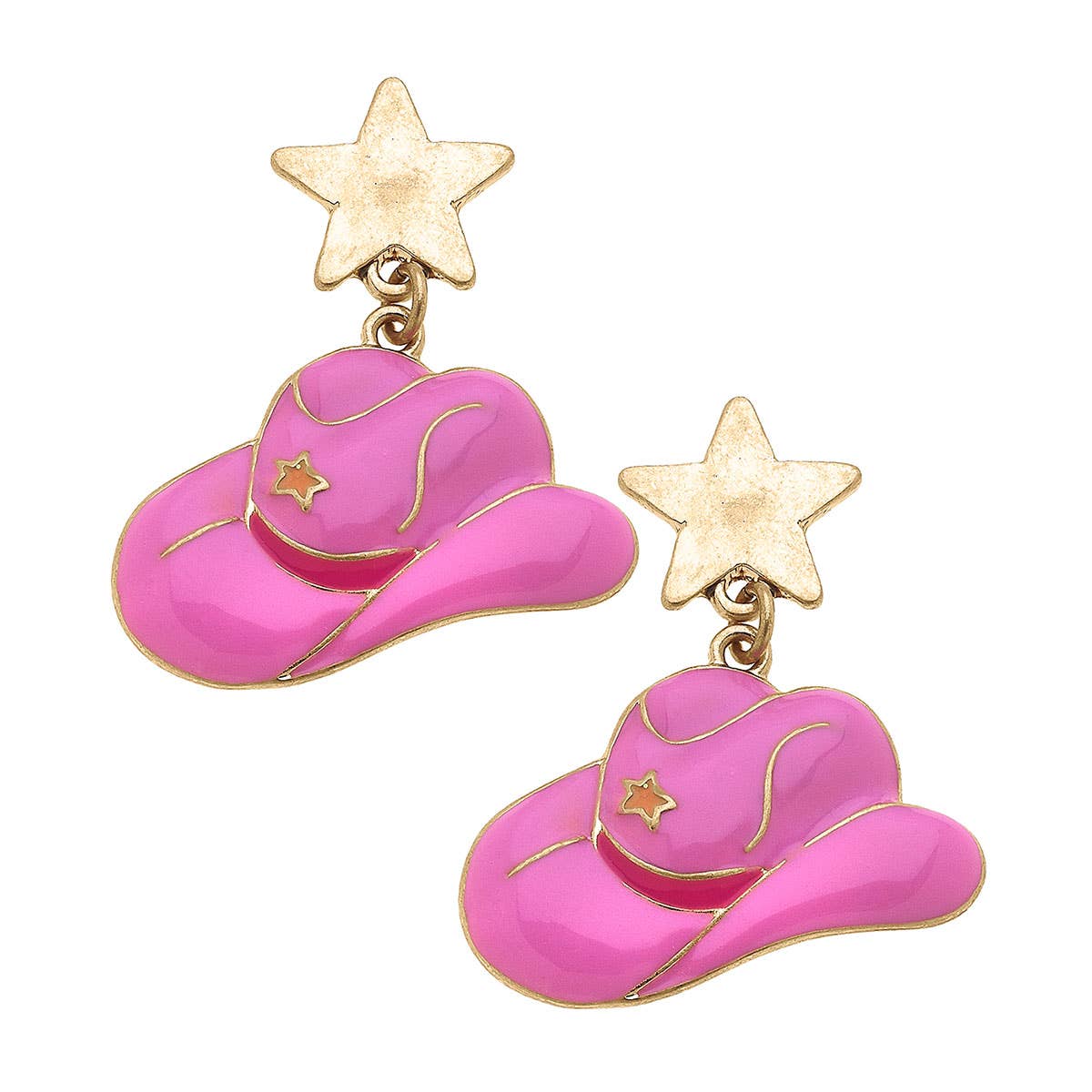 Canvas Style - Rodeo Star Cowboy Hat Enamel Earrings: Pink