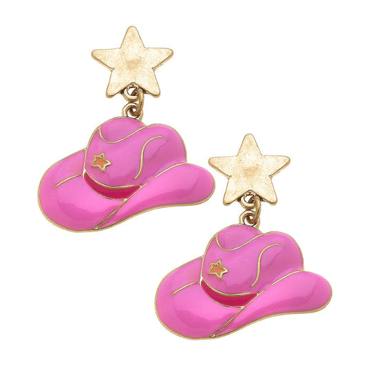 Canvas Style - Rodeo Star Cowboy Hat Enamel Earrings: Pink