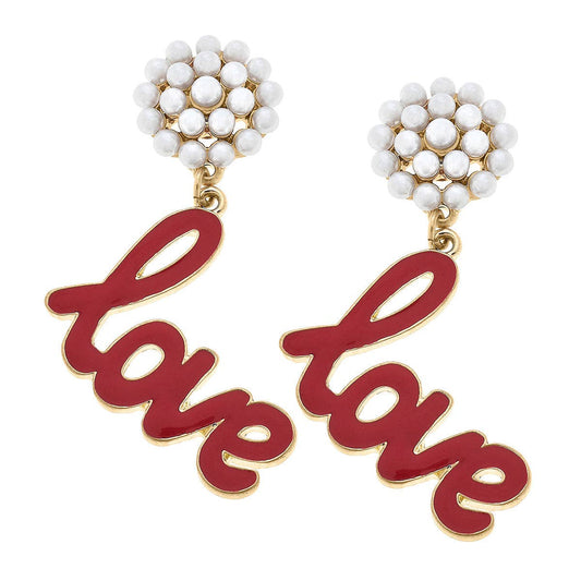 CANVAS Style - Love Pearl Cluster & Enamel Drop Earrings in Red