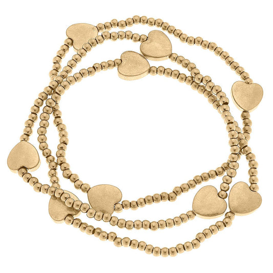 Canvas Style - Macy Heart Stacking Stretch Bracelets in Worn Gold - Set of