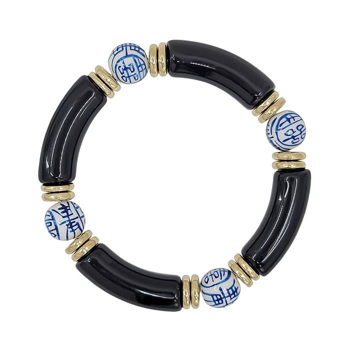 What's Hot - Black Acrylic Bamboo and Ceramic Ball Stretch Bracelet