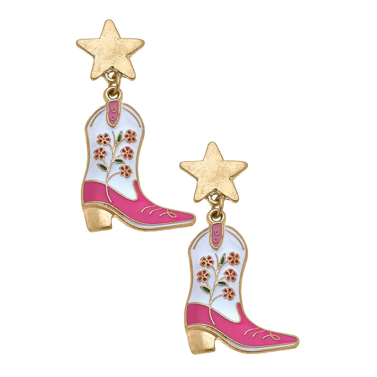 Canvas Style - Floral Cowgirl Boots Enamel Earrings in White