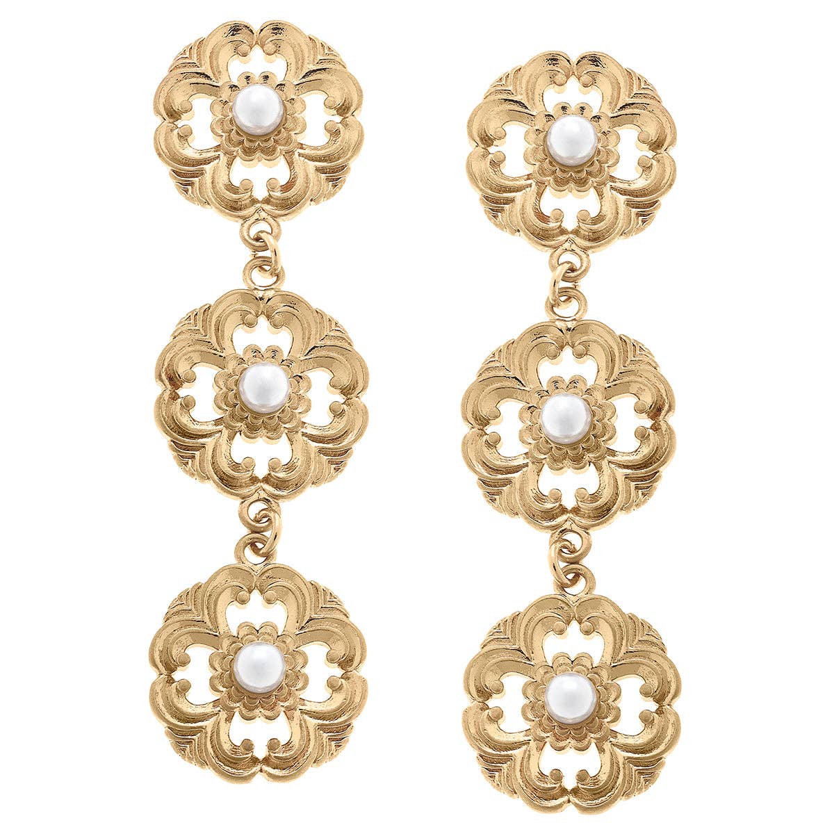 CANVAS Style - Marquette Acanthus & Pearl Triple Drop Earrings in Worn Gold