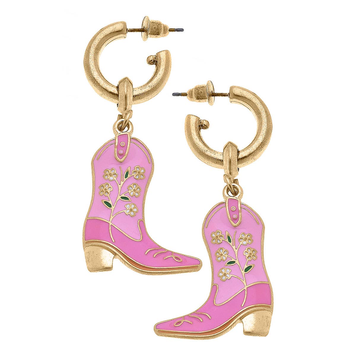 Canvas Style - Floral Cowgirl Boots Enamel Drop Hoop Earrings in Pink