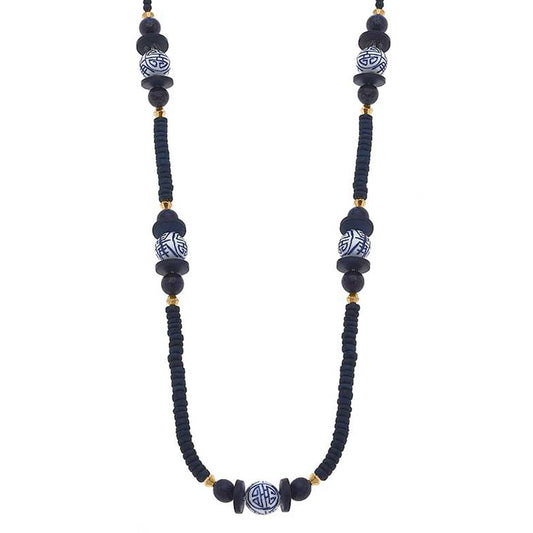 CANVAS Style - Savoy Chinoiserie & Painted Wood Necklace in Navy
