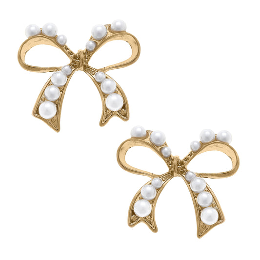 Canvas Style - Harper Pearl-Studded Bow Stud Earrings in Ivory