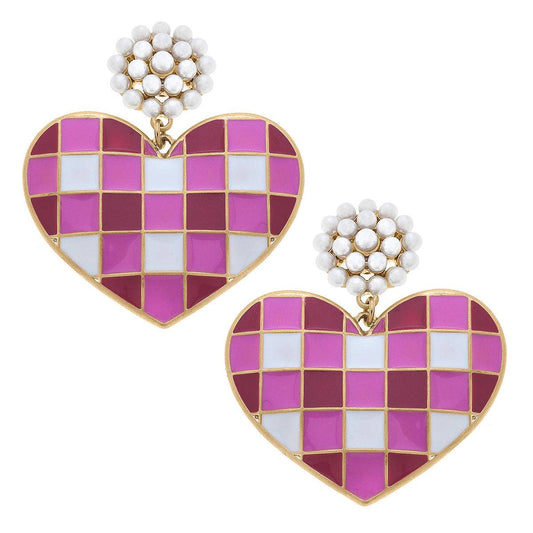 CANVAS Style - Valentine's Gingham Heart Pearl Cluster Enamel Earrings in Fuchsia